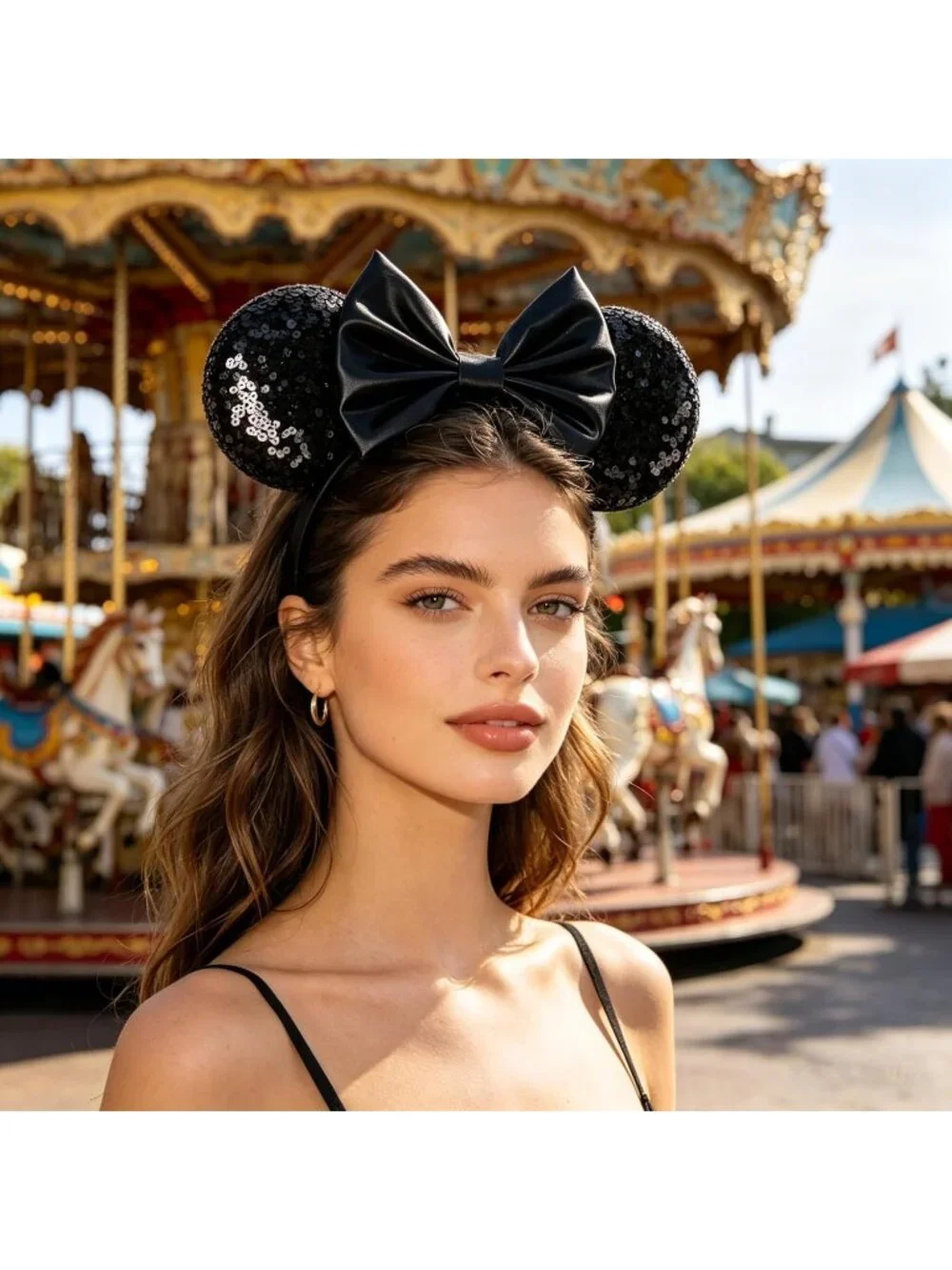 Women Black Polyester Sparkle Sequins Mickey Mouse Hair Bow Handmade Headband